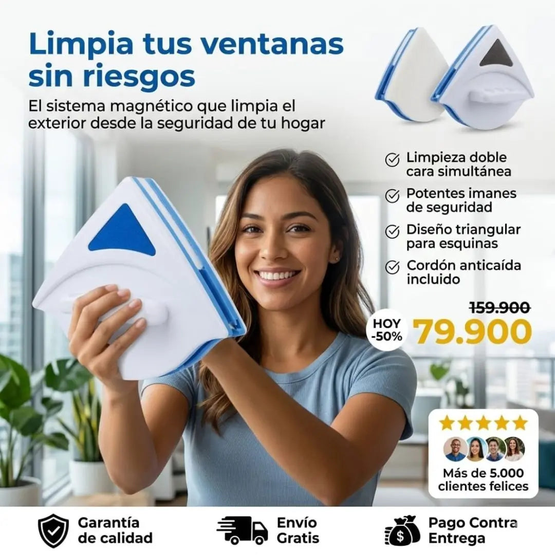 Limpiador Magnético de Ventanas y Vidrios 2 en 1 – Limpia por Dentro y por Fuera al Mismo Tiempo