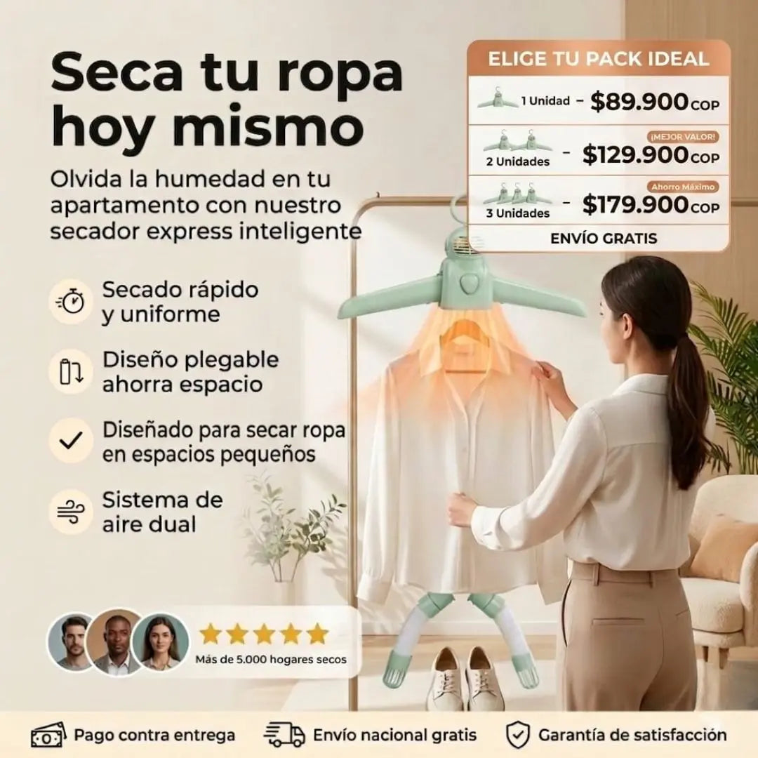 Secador + Soporte Inteligente 2 en 1: Seca tu ropa más rápido sin desorden ni humedad
